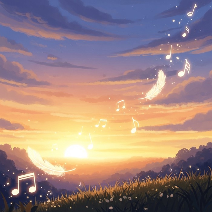 A cartoon sunset scene with soft, glowing music notes floating gently like feathers in a peaceful sky.