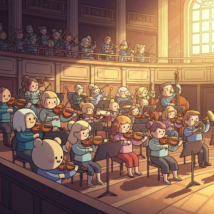 A grand cartoon orchestra with violins, drums, and horns, all playing together in a bright concert hall.