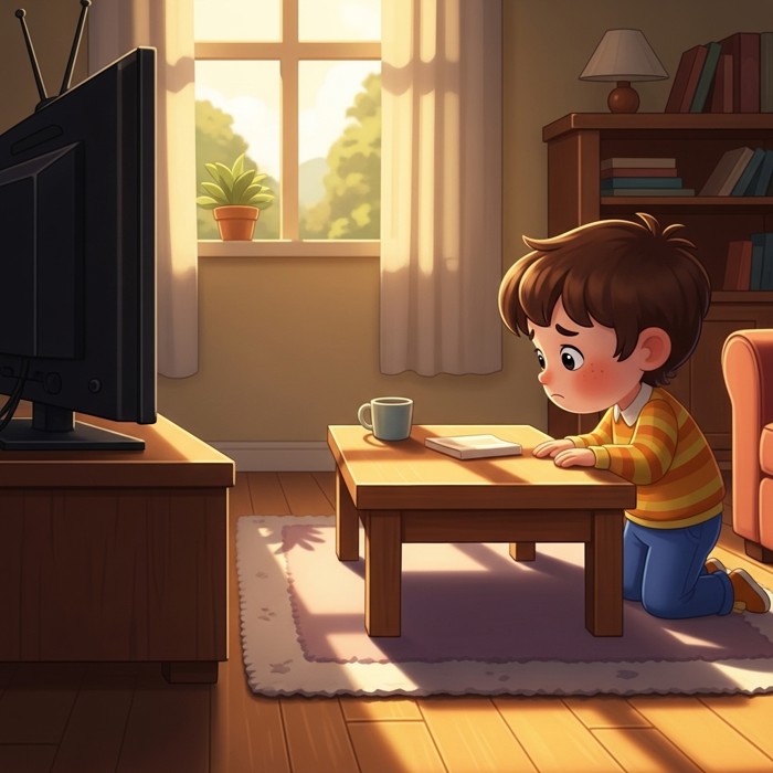 A cartoon child staring sadly at an empty coffee table beside the TV, missing something clearly.