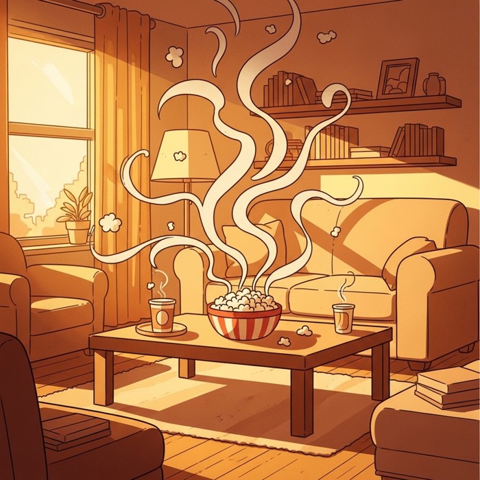 Wavy delicious-smell lines rising from a popcorn bowl and spreading across a cozy living room.
