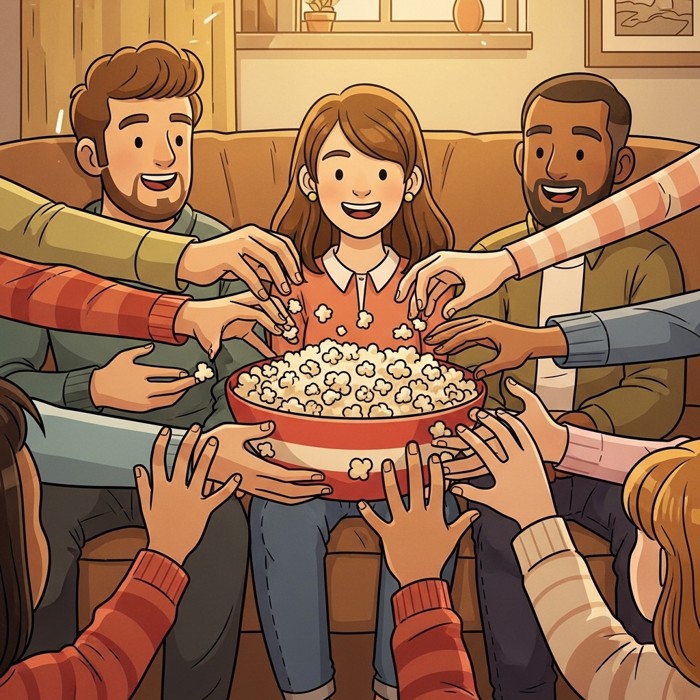 A cartoon group of friends passing a popcorn bowl around a couch, hands reaching from every direction.