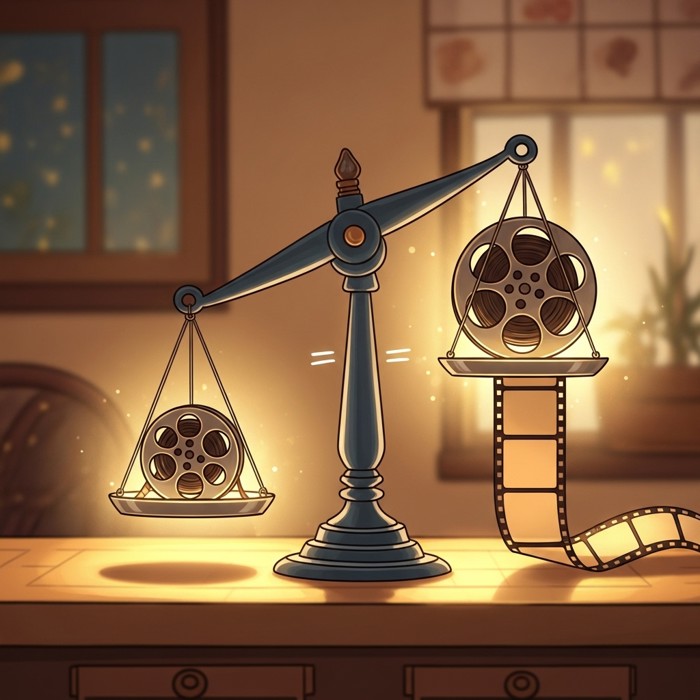 A cartoon scale balancing a short film reel on one side and a long film reel on the other, both equally bright.
