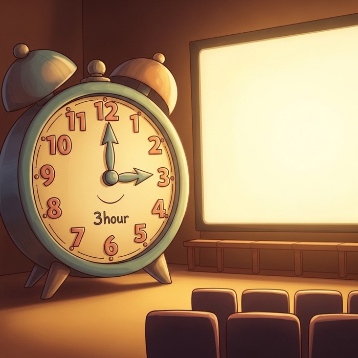 A huge cartoon clock next to a giant movie screen, showing a slow three-hour countdown.