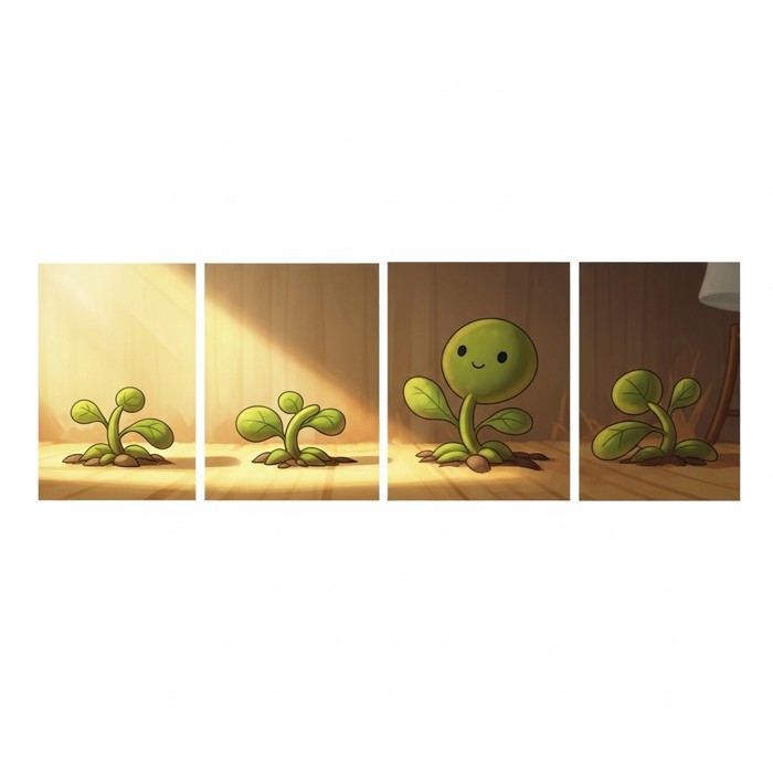 A cartoon plant growing gradually across several movie frames, symbolizing a story unfolding over time.