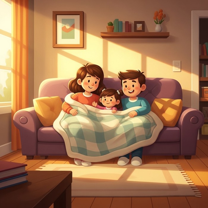 A cartoon family wrapped in blankets on the couch, a soft warm glow surrounding the whole room.