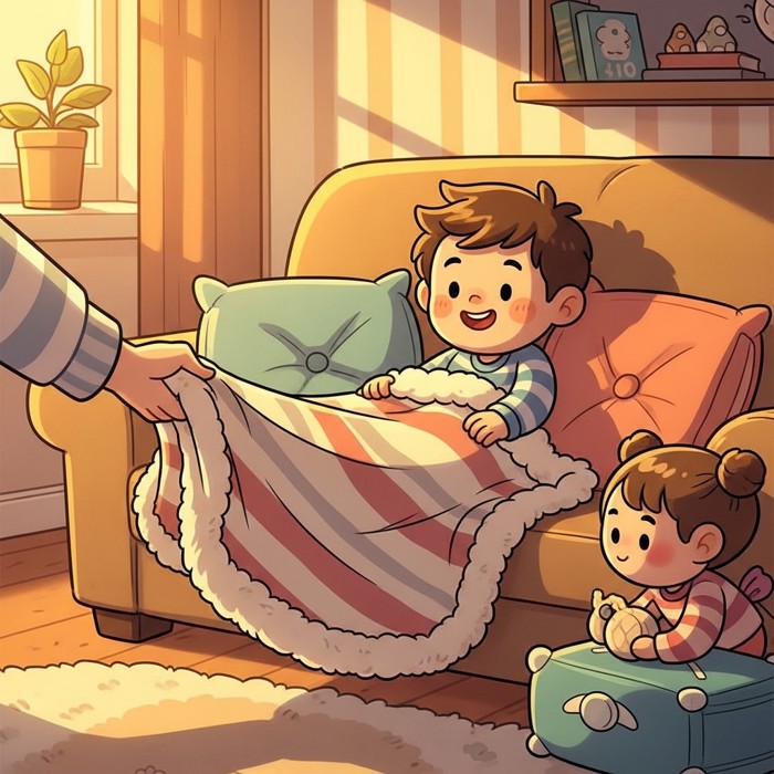 A cartoon hand pulling a fluffy striped blanket over a smiling child's lap on the couch.