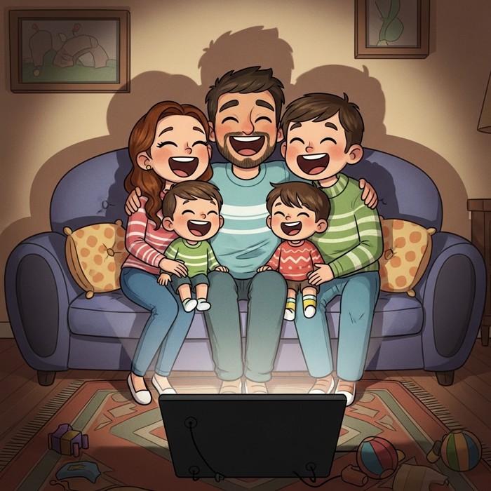 A cartoon family laughing loudly together at the screen, no shushing librarian in sight, totally relaxed.