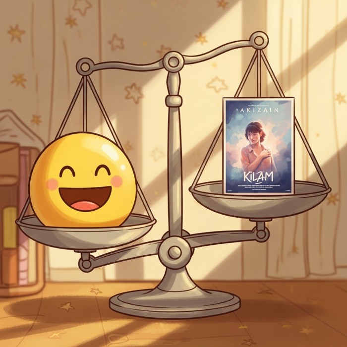 A cartoon scale weighing a happy face against a movie poster, tipping toward love because of a great ending.