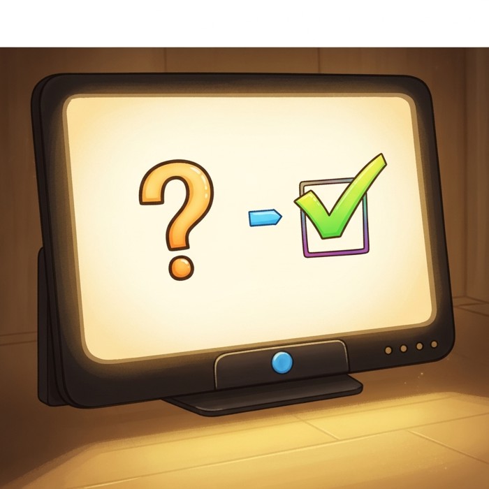 A cartoon question mark slowly turning into a bright checkmark on the glowing movie screen.