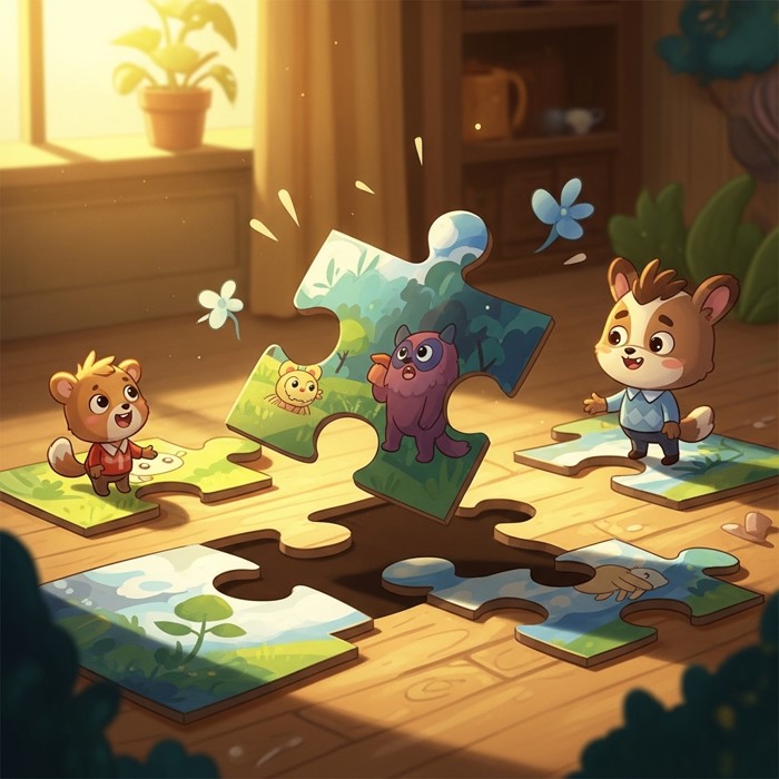 A cartoon puzzle piece flipping over to reveal a totally different picture, changing the whole story.