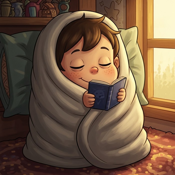 A cartoon child wrapped snugly in a blanket, eyes half closed, completely relaxed while rewatching.