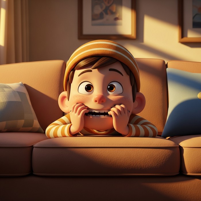 A cartoon child leaning forward on the couch, biting nails slightly, eager for the next scene.