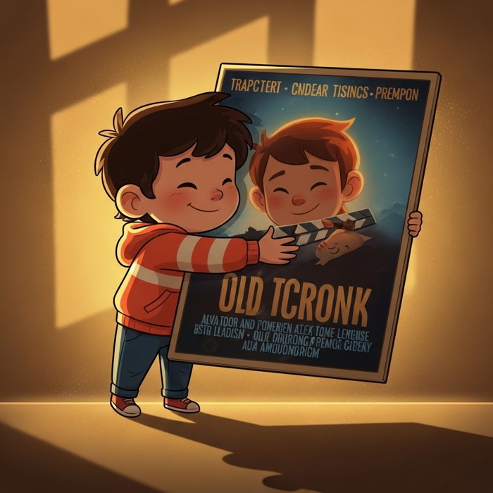 A cartoon child hugging a movie poster like an old friend, warm nostalgic glow around them.