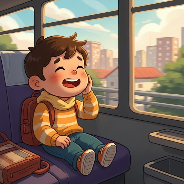 A happy cartoon child sitting on a bus seat looking out the window, relieved smile, city passing by outside.