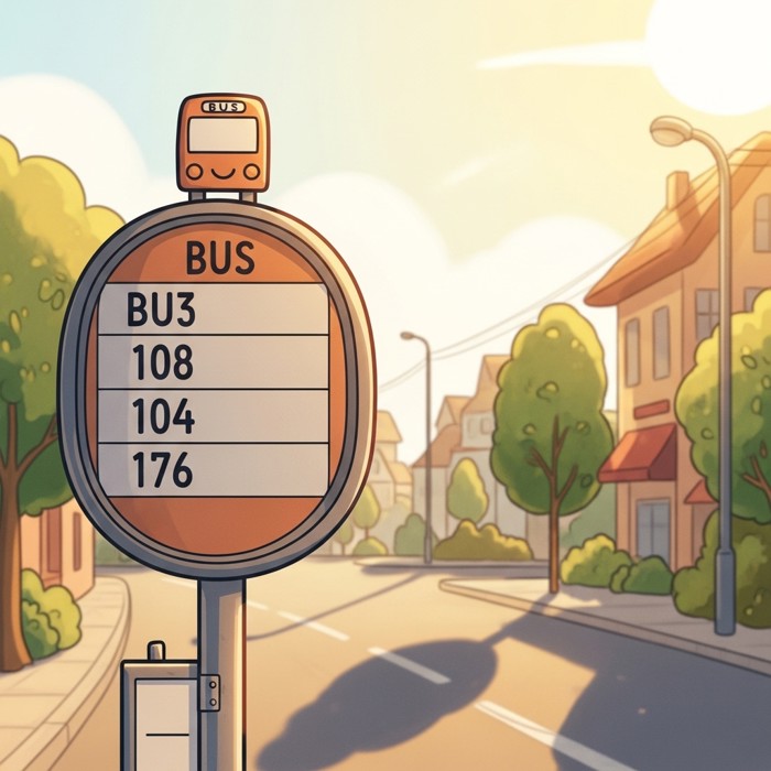 A close-up of a bus stop sign listing several bus numbers, sunny street background, small bus icon on top.