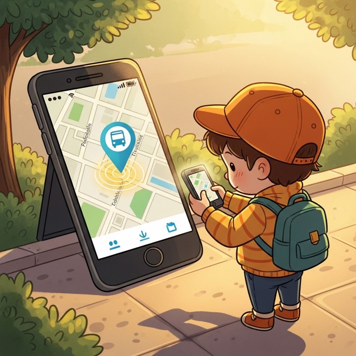 A cartoon child looking at a phone map showing a nearby bus stop, glowing pin marker, sunny sidewalk.
