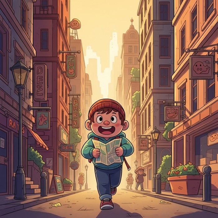 A confident cartoon child walking briskly through city streets with a small map in hand, big smile, buildings and signs around them.