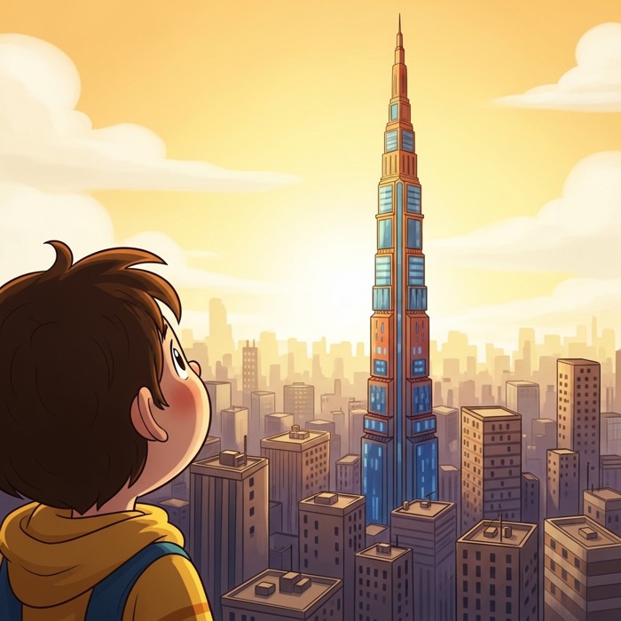 A cartoon child looking up in awe at one very tall, colorful building standing out above all the others, sunny city skyline.