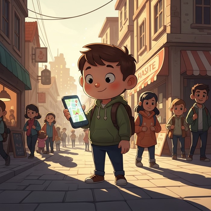 A cartoon child holding a glowing smartphone showing a simple map, standing on a busy sunny sidewalk.
