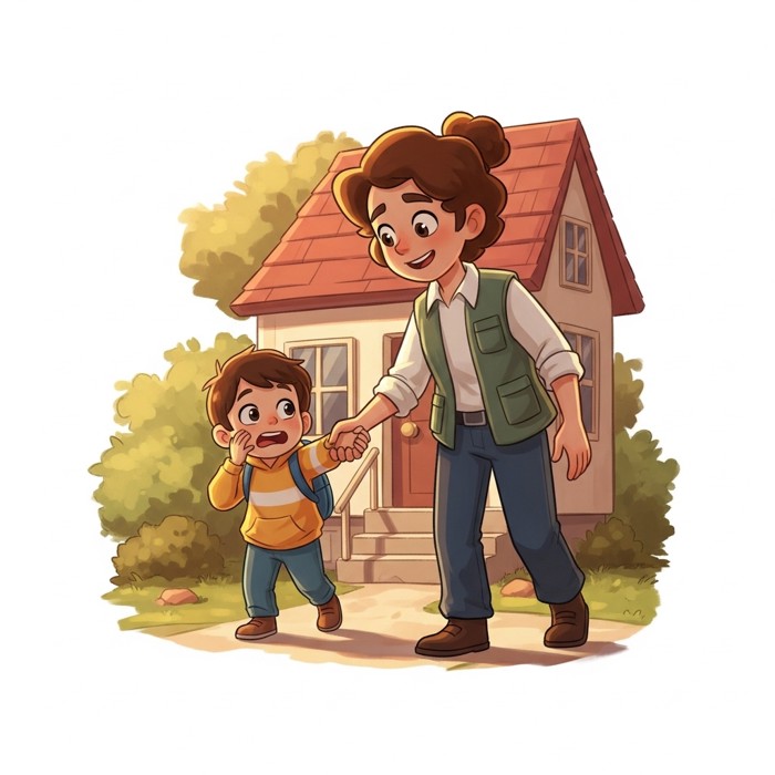 A relieved cartoon child being guided home by a friendly helper, both smiling, warm sunny afternoon.