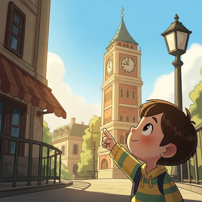 A cartoon child looking up at a tall colorful clock tower landmark, pointing at it with recognition, sunny sky.