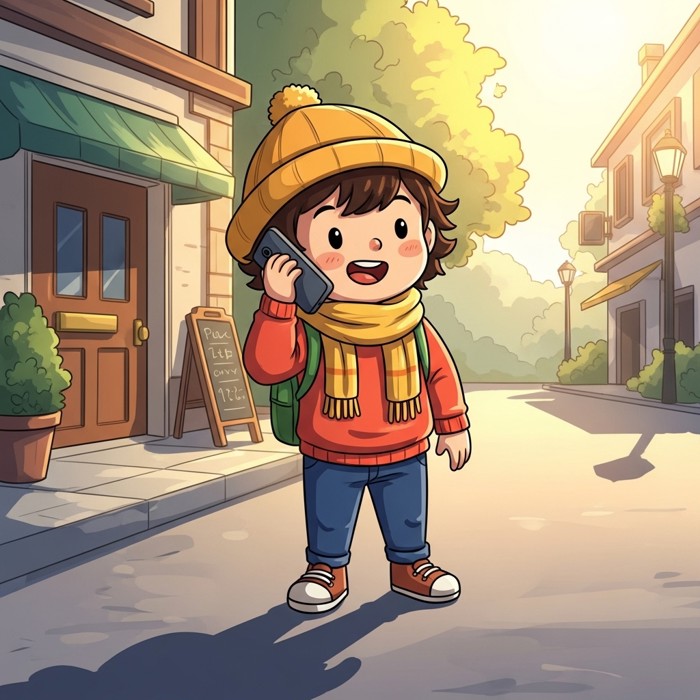 A cartoon child holding a phone to their ear, talking happily to a family member, sunny street background.