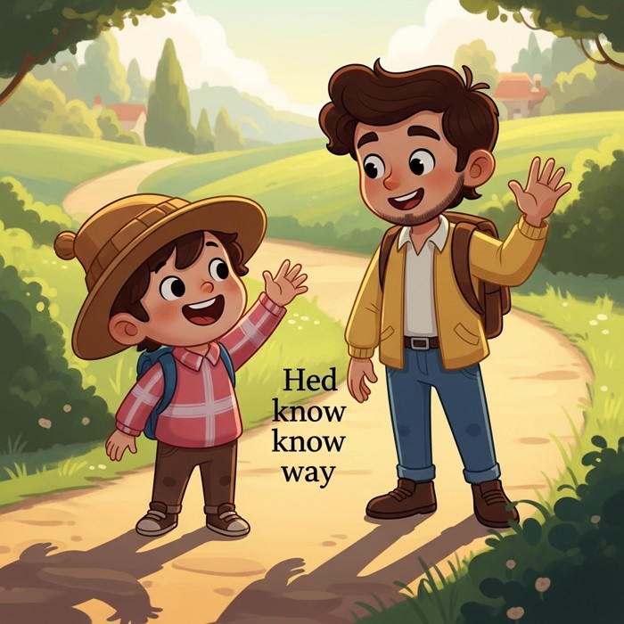 A happy cartoon child waving goodbye to a smiling stranger who now knows the way, warm sunny afternoon.