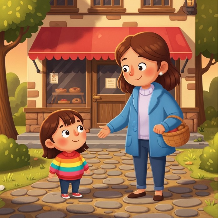 A cartoon child speaking clearly and slowly to a stranger, a speech bubble with simple words, calm and friendly expression.