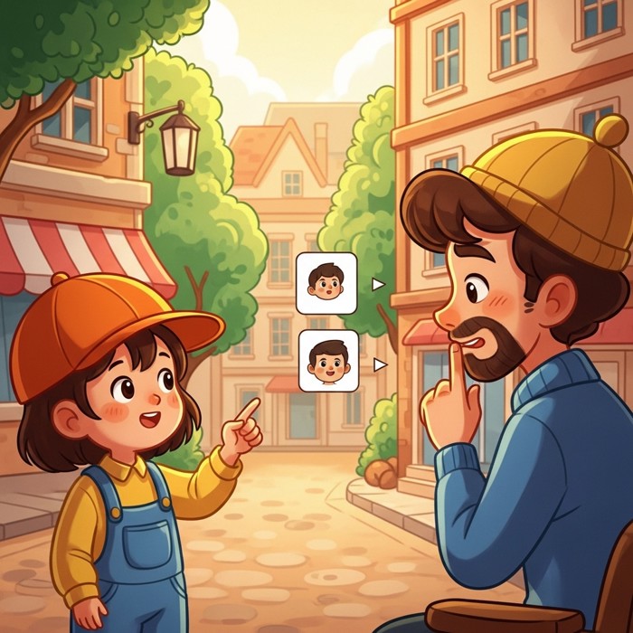 A cartoon child counting on their fingers while pointing at three street blocks, the stranger listening carefully.