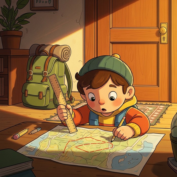 A cartoon child studying a map with a ruler, marking a route with a pencil, backpack ready by the door.
