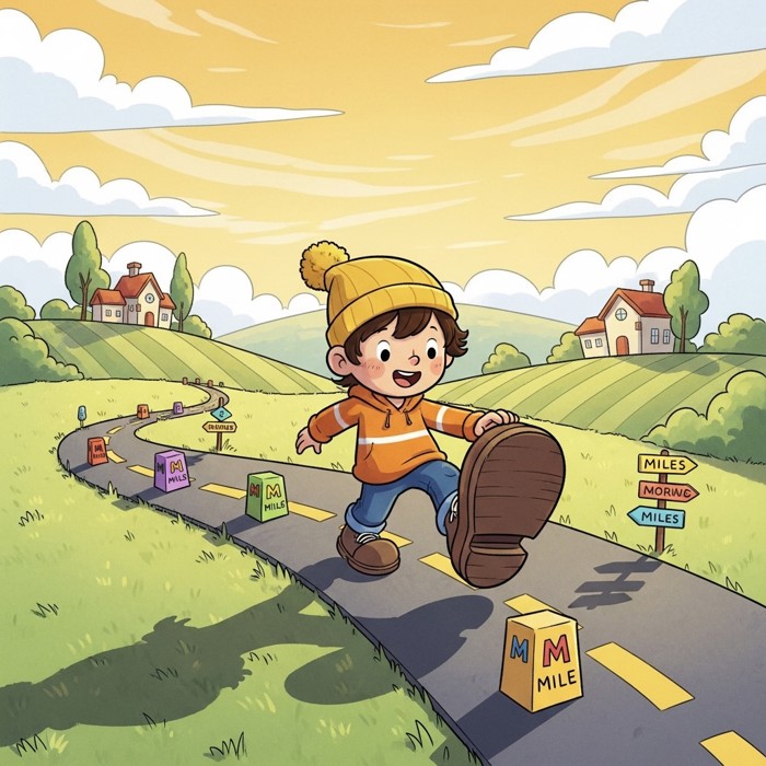 A cartoon child measuring a street with big footsteps, small mile markers along a sunny road.