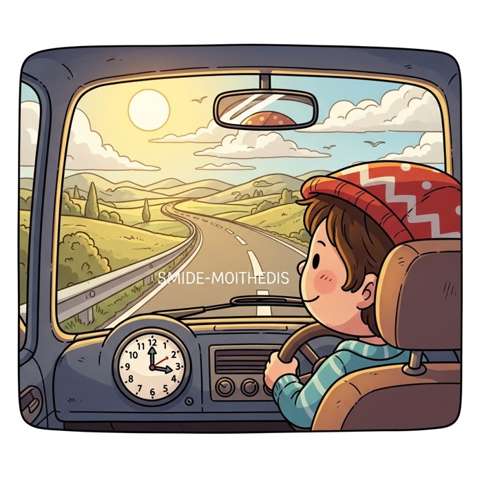 A cartoon child driving in a small car on a long sunny highway, clock on dashboard showing hours passing.