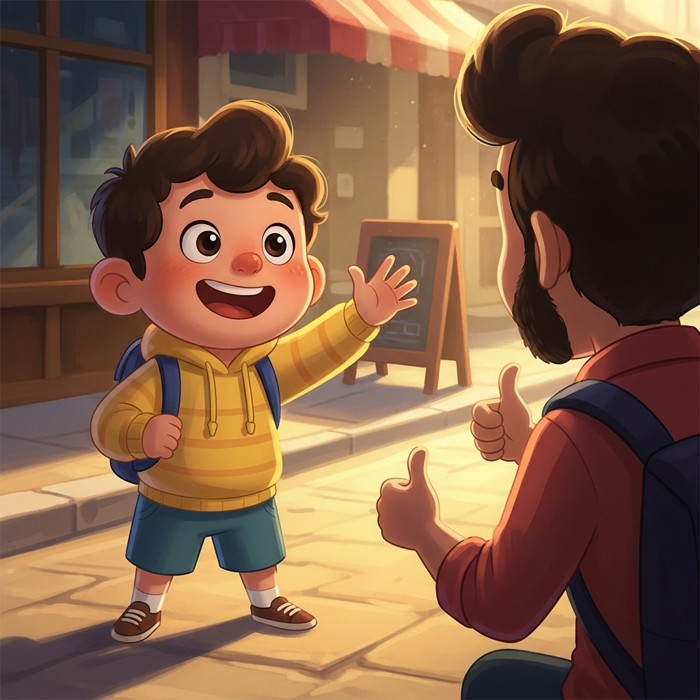 A happy cartoon child waving goodbye and smiling at a stranger who just helped them, both giving a friendly thumbs up on the street.