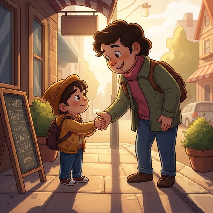 A polite cartoon child gently greeting a friendly adult stranger on a sidewalk, both smiling warmly in soft morning light.
