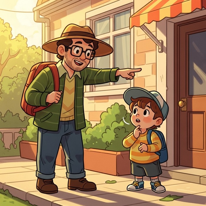 A friendly cartoon adult pointing down a sunny sidewalk with one hand, while a cartoon child watches closely and nods.