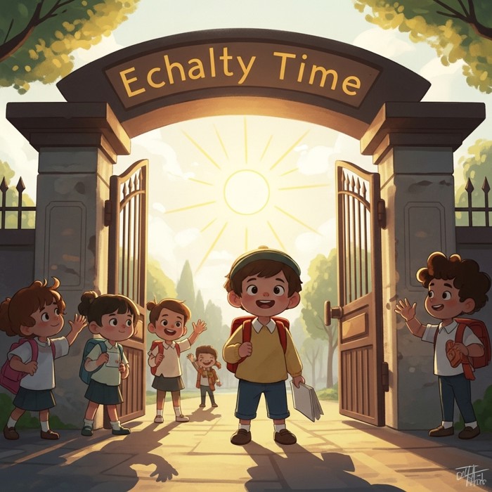 A proud cartoon child arriving at the school gate exactly on time, big smile, sun shining, other kids waving hello.