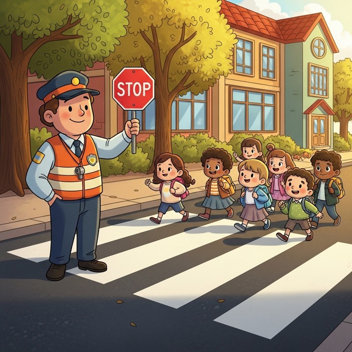 A friendly cartoon crossing guard holding up a stop sign, cartoon children safely crossing a striped crosswalk.