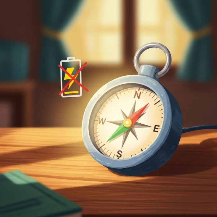 A cartoon compass glowing on a table with no batteries nearby, a small lightning bolt crossed out to show it needs none.