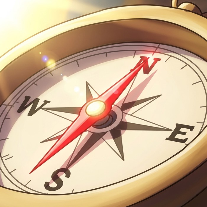 A close-up of a compass with a glowing red needle pointing firmly toward a bold letter N, sunny background.