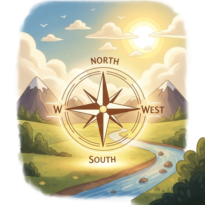 A cartoon compass rose glowing with all four labeled directions, sunny sky, small mountains and a river in the background.