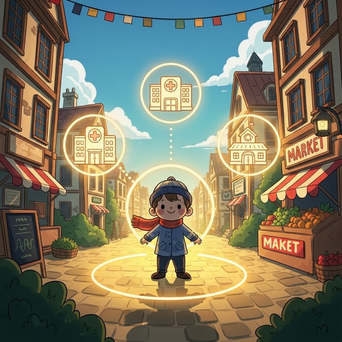 A cartoon child standing proudly in the town square, surrounded by glowing icons of a hospital, school, and market.