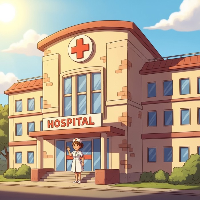 A large cartoon hospital building with a red cross sign, a friendly nurse waving from the entrance, sunny sky.