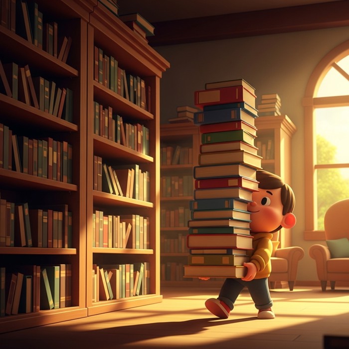 A cozy cartoon library with tall bookshelves, a cartoon child carrying a stack of books, warm lighting.