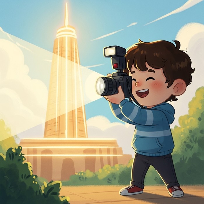 A cartoon child taking a photo in front of a glowing landmark, camera flash, proud smile, sunny sky.