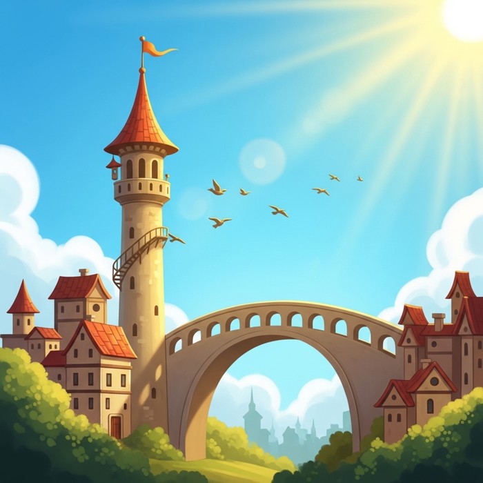 A tall cartoon tower and a curved bridge standing out above smaller buildings, sunny blue sky, birds flying past.