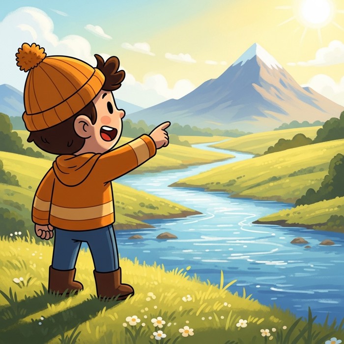 A cartoon child pointing at a giant mountain and a wide blue river in the distance, sunny open landscape.