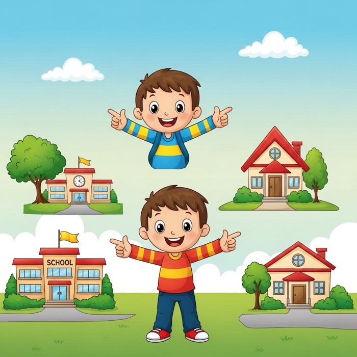 A happy cartoon child pointing toward a school building, a house, and a park in three different directions, sunny neighborhood setting.
