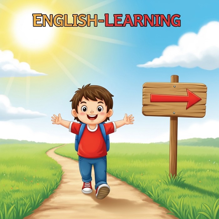 A cartoon child walking straight forward down a sunny path with arms out, confident smile, an arrow sign pointing straight ahead beside them.