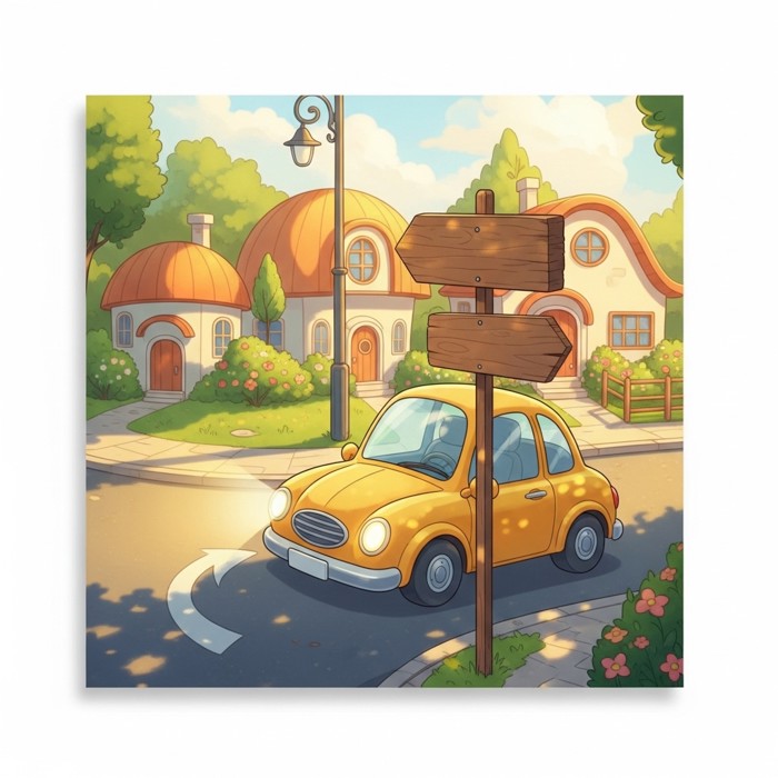 A cartoon car at a sunny street corner with its blinker on, turning left around a signpost, small houses nearby.