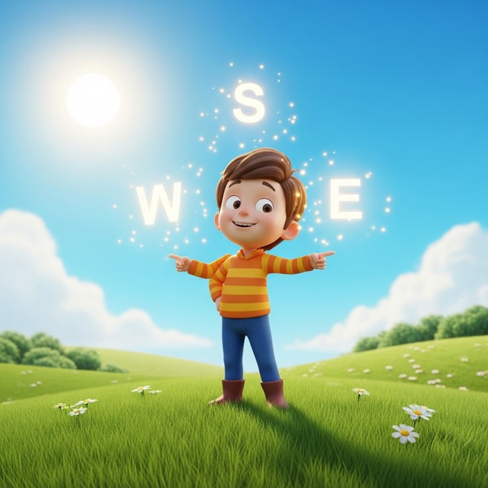 A proud cartoon child standing in a sunny field, pointing confidently in four directions with glowing letters N, S, E, W around them.